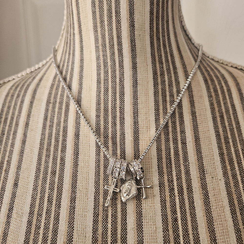 STELLA ROSE LONDON Fine Silver Plated Elegant Silver Cross And St Charm Necklace